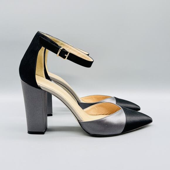 J Crew Shoes Women 8.5 Black Gray Satin Colorblock Pump Ankle Strap Block Heels - Picture 1 of 11